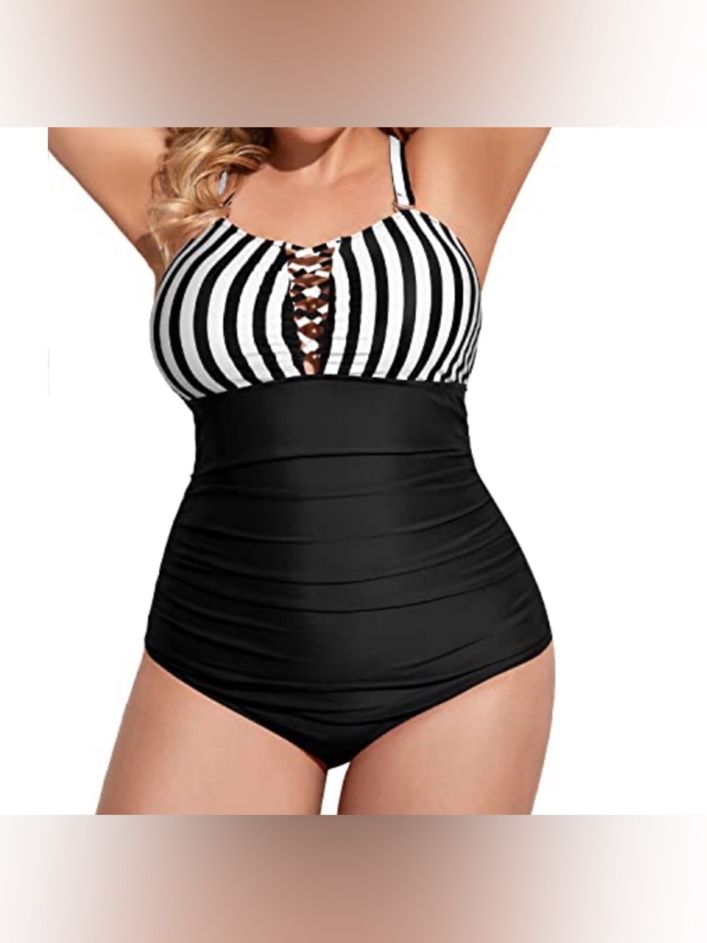 Striped Black & White Lace-Up One-Piece Swimsuit